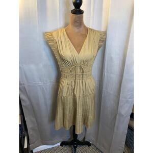 Current Air Los Angeles Anthropologie Dress S Tan Pleated Flutter Sleeve Smocked